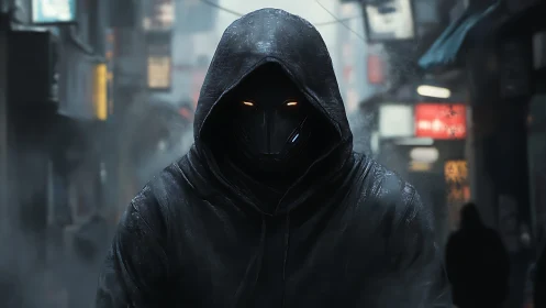Cyberpunk hooded sentinel in neon fog urban corridor composition.