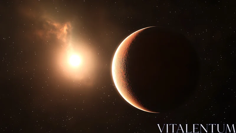 Illuminated rocky exoplanet crescent near bright distant star.