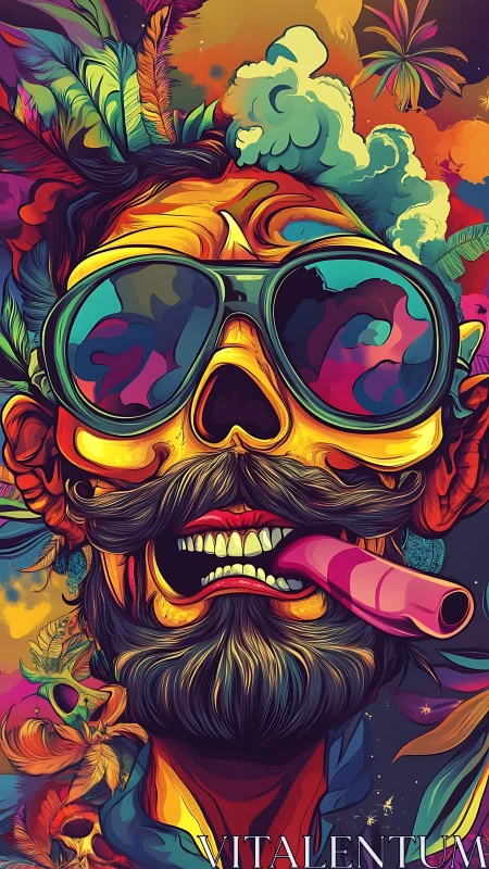 Psychedelic skull portrait integrates neon gradients and vectorized contour flows