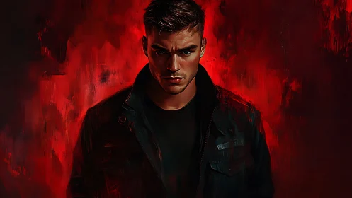 Brooding male portrait in red-lit digital noir style.