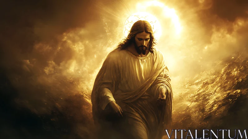 Robe-clad holy figure stands in radiant golden backlight