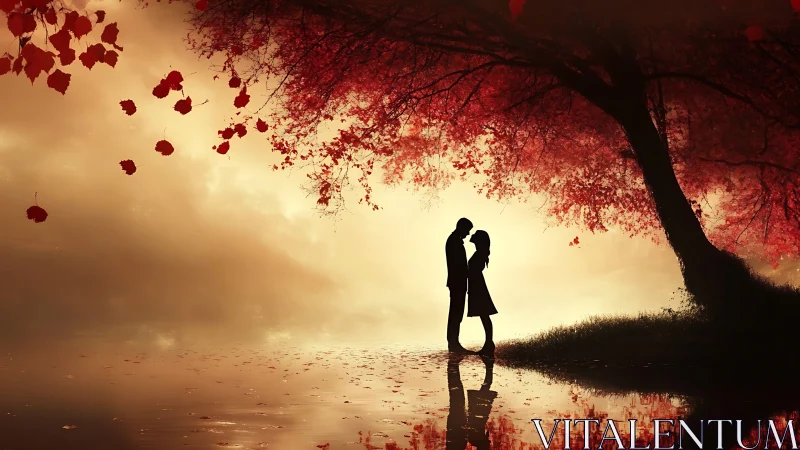Silhouetted Lovers Beneath Crimson Autumn's Glow.