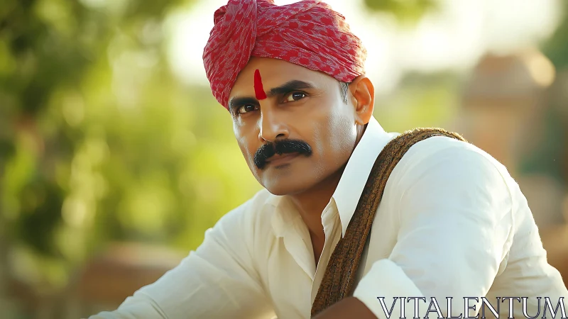 Rural Indian man in red turban and white shirt outdoors.