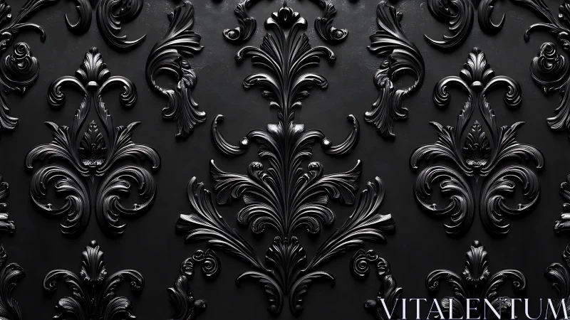 Symmetrical black baroque relief pattern with glossy ornamental scrollwork