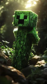 Pixel creeper sculpture glows under forest backlight.