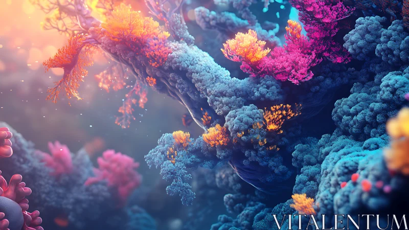 Bioluminescent coral reef glows amid soft bokeh currents