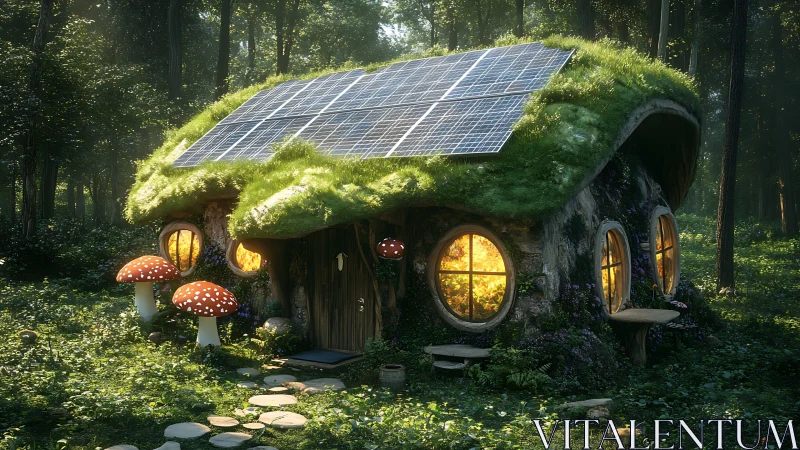 Solar grass-roof woodland cottage with glowing circular windows.