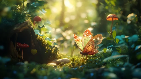 Bioluminescent forest butterfly at micro-scale moss habitat.