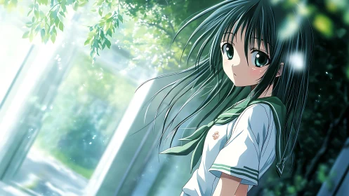 Soft sunlight follows a shy schoolgirl in a quiet green lane