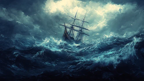 Tall ship battles towering storm waves under ghostly light.
