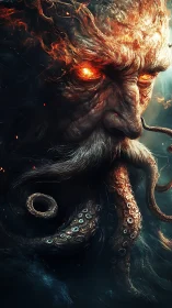 Elder sea god with burning eyes and twisting tentacles