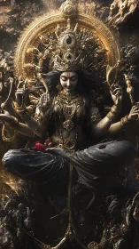 Multi-armed divine figure in ornate golden circular frame.