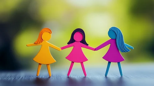 Three Colorful Paper Doll Girls Holding Hands, Playful Style.