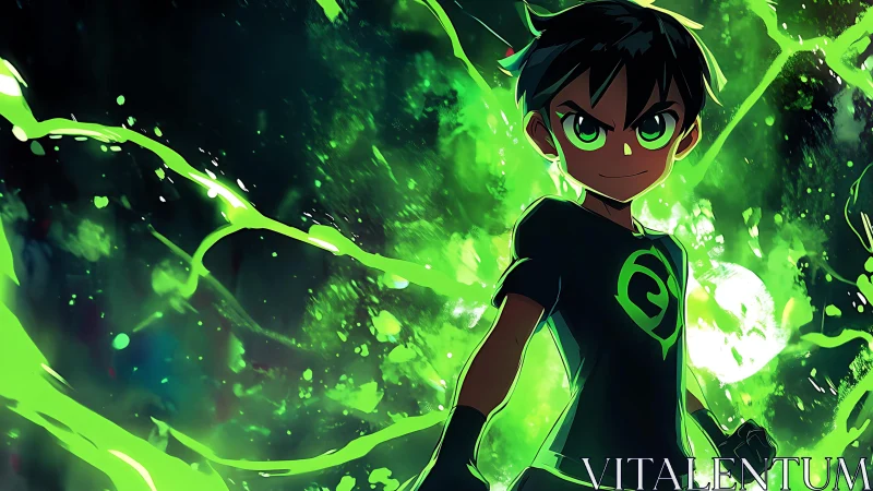 Stylized boy in black outfit amid vivid green energy field.
