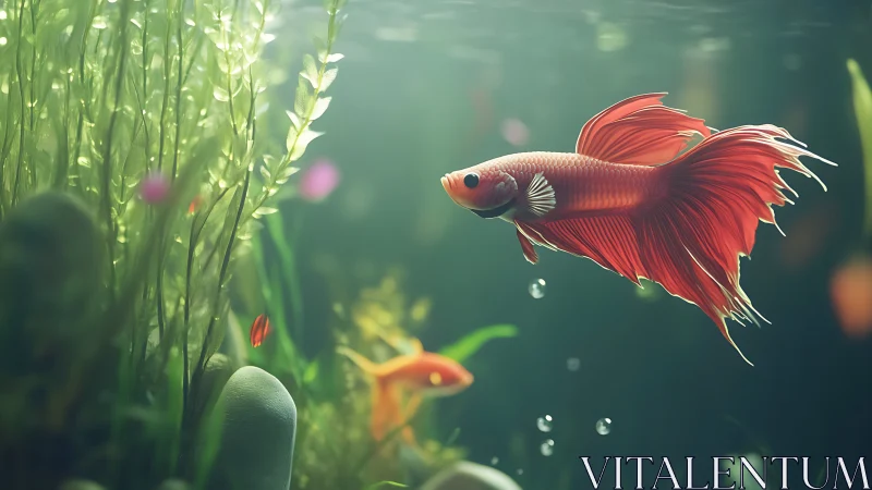 Scarlet betta gliding through softly lit aquatic foliage.
