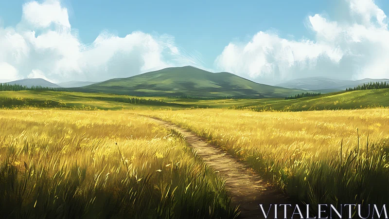 Golden field path leading toward distant green hills.