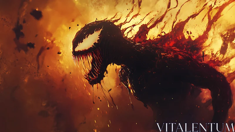 Monstrous black creature emerges through fiery abstract chaos