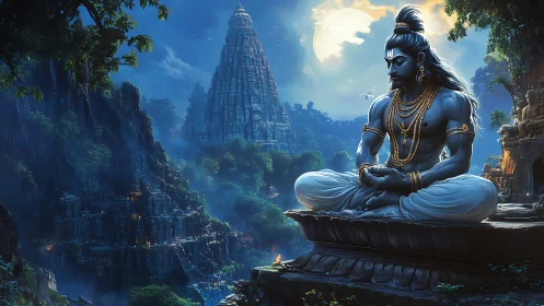 Moonlit mountain temple and serene blue meditating figure.