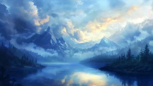 Alpine lake reflects misty peaks under luminous dawn sky