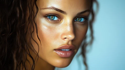 Hyperreal close-up portrait with luminous blue eyes.