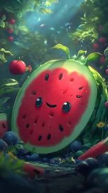 Smiling watermelon slice in lush forest clearing scene.