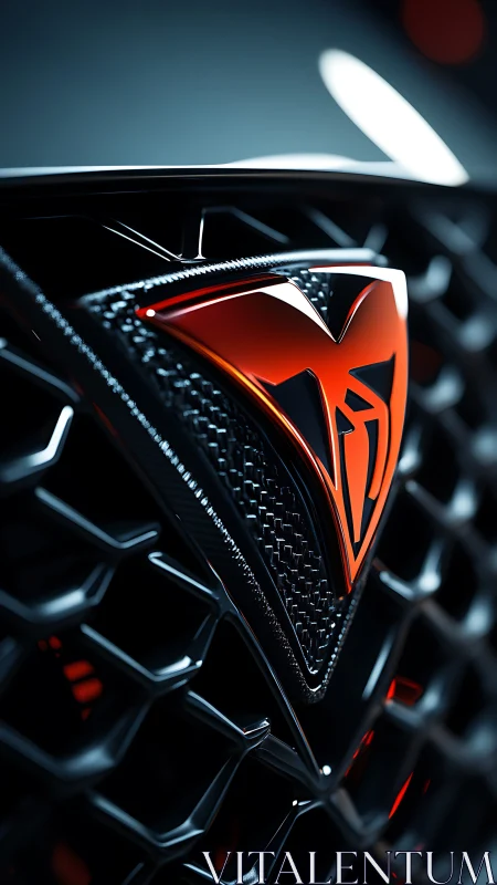 Glossy red car emblem glows against a dark geometric grille