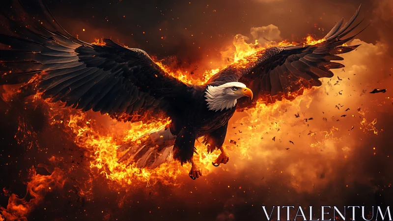 Majestic Bald Eagle Soaring Through Fiery Skies in Dramatic Art.