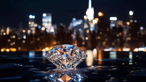 Brilliant diamond reflects neon city lights at night.