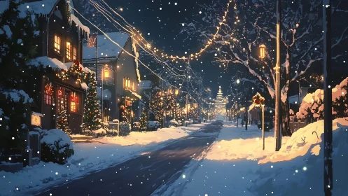 Snow-covered residential street displays winter night lighting