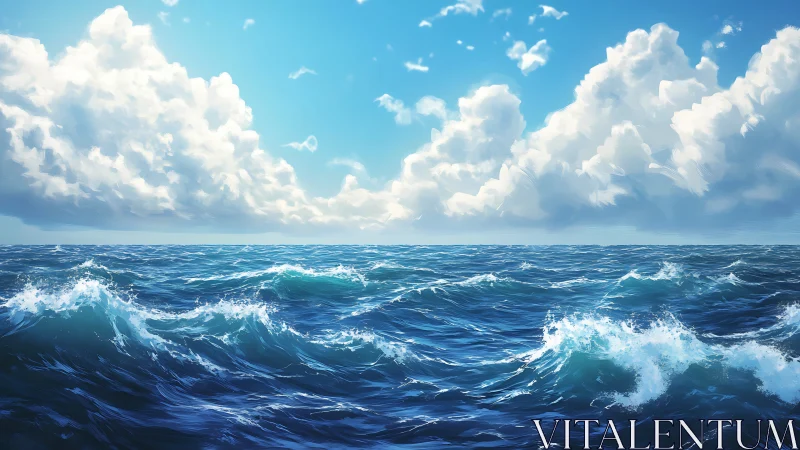 Sunlit mid-ocean waves beneath towering cumulus clouds.