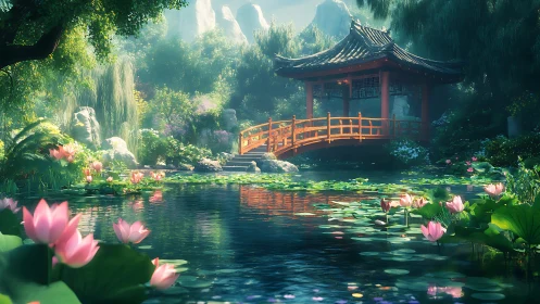 Digital painting of lotus garden pavilion with arched bridge.