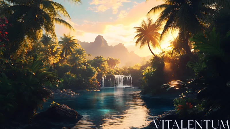 Golden tropical waterfall lagoon glowing at peaceful sunset.