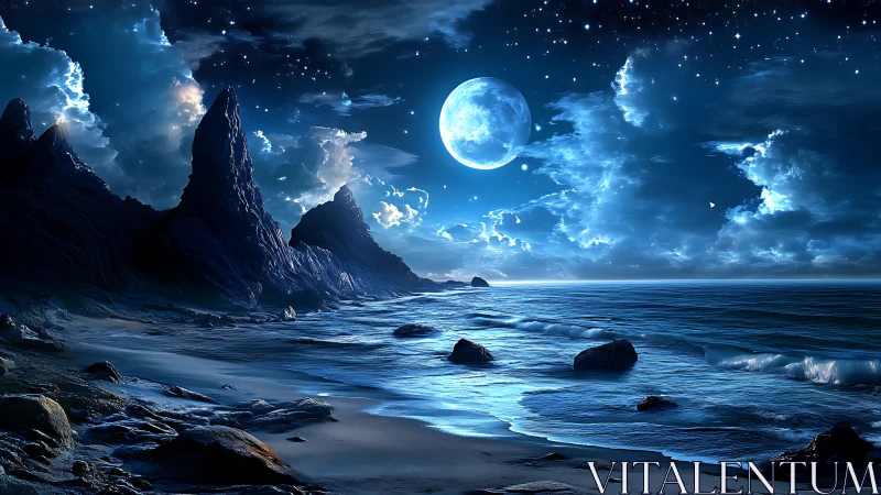 Moonlit ocean cove glowing softly under a starlit sky.