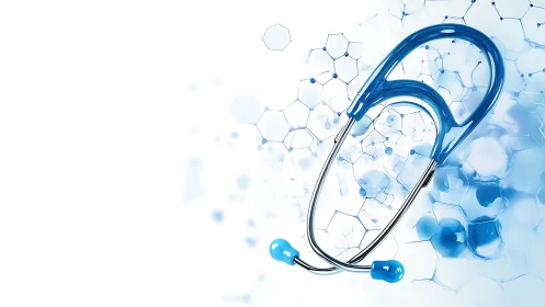 Blue medical stethoscope on abstract hexagonal background.