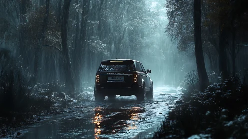 Midnight SUV hums forward through rain-slicked ghost forest