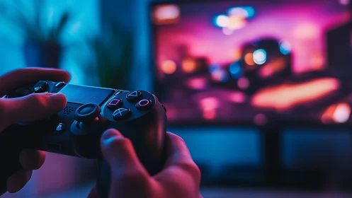 Neon-soaked gamer hands steering a glowing digital universe.