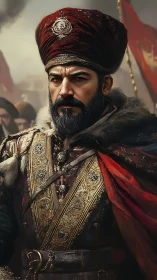 Regal warrior in ornate Ottoman robes commands the battlefield.
