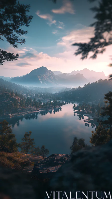 Sunlit mountain lake framed by pine forest silhouettes.