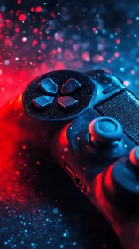 Neon-Illuminated Gaming Controller with Chromatic Particle Effects.