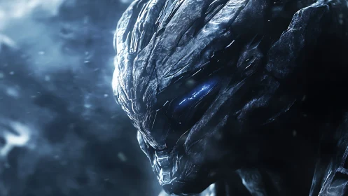 Alien cybernetic warrior emerges from a frozen storm