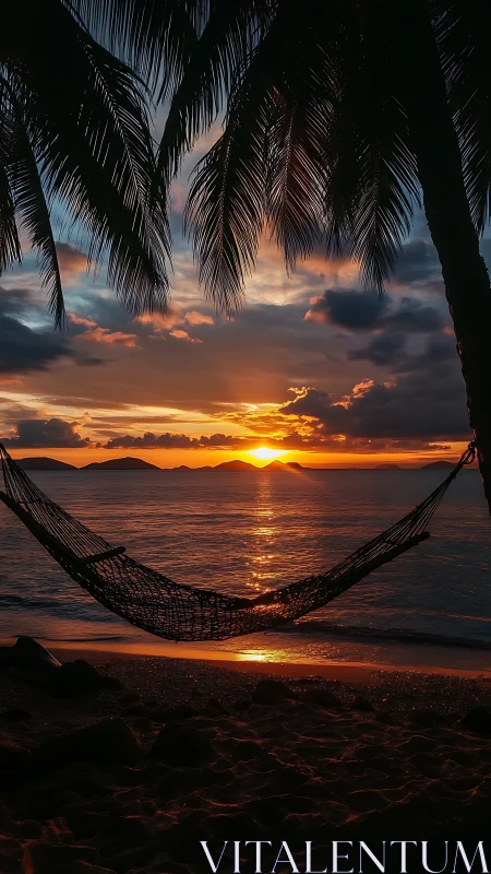 Suspended shoreline hammock under glowing tropical sunset.