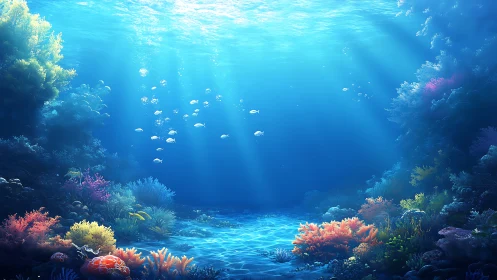 Sunlit coral valley cradling drifting silver fish shoals.