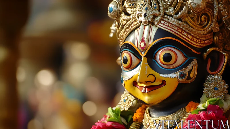Ornate Hindu deity statue with floral garlands displayed.