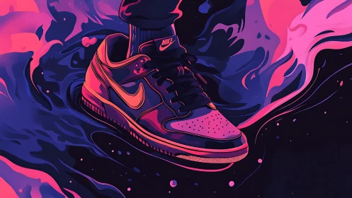 Neon-lit Nike sneaker in fluid magenta and cyan vapor field.