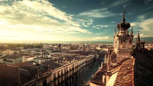 Golden evening over a historic sunlit European rooftop city.