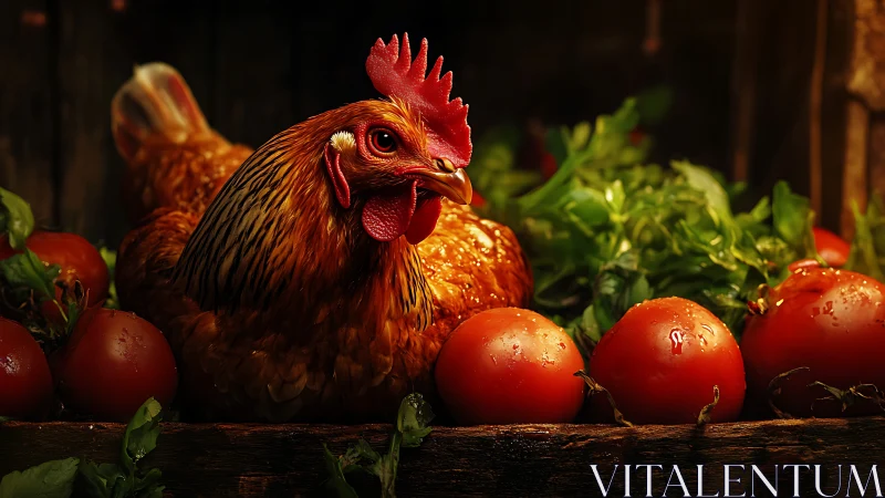 Rooster's Garden Feast: A Vibrant Farm Portrait.