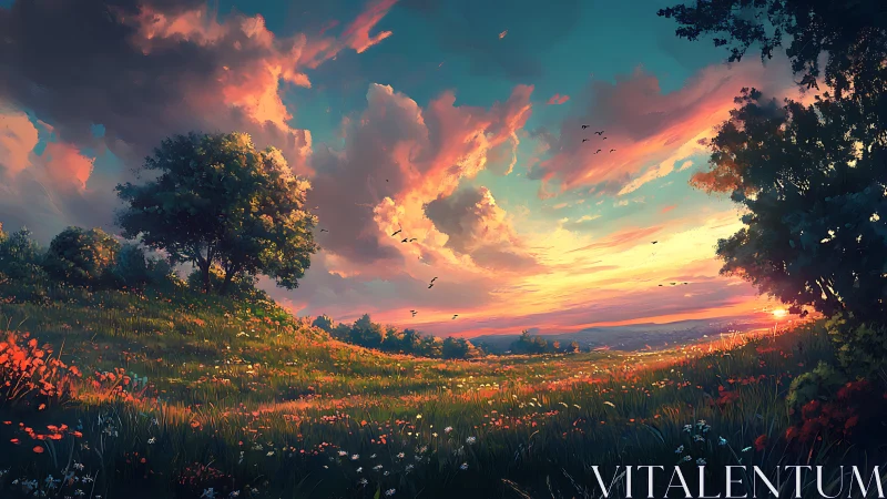 Sunset meadow landscape with glowing clouds and flowers.