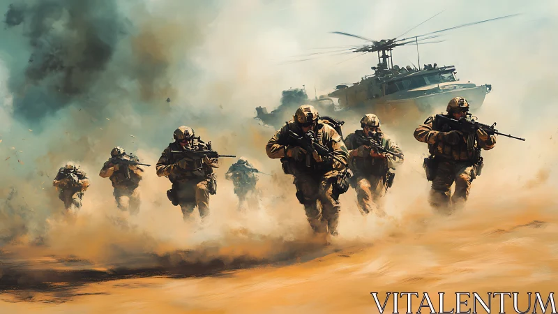 Dust-charged tactical advance under armored helicopter cover.