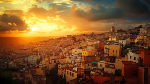 Glowing sunset bathes a hillside city in warm golden light