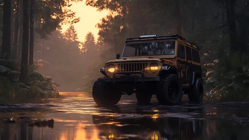 Off-road utility vehicle in rain-soaked forest at dusk.